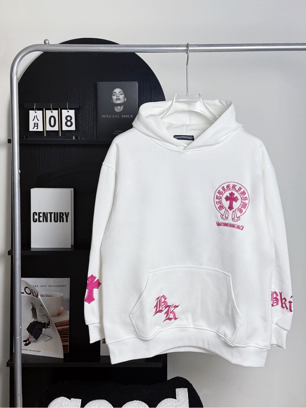Chrome Hearts White Hoodie with Pink Logo Accents - Kids